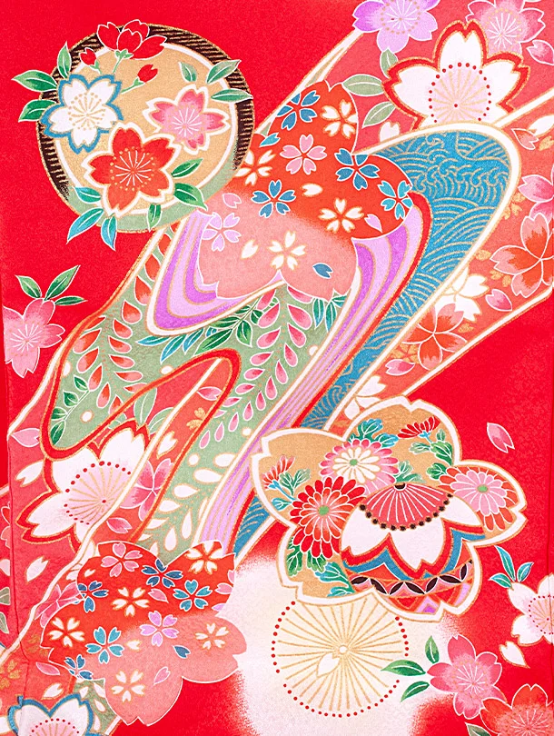 女児産着 お宮参りD0143 赤 桜 花車 鼓 鞠