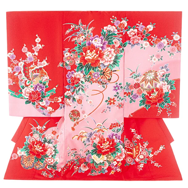 女児産着 お宮参りD0144 赤ピンク 牡丹 花車 鞠 蝶