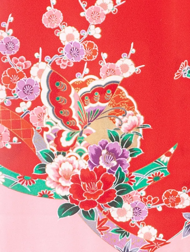 女児産着 お宮参りD0144 赤ピンク 牡丹 花車 鞠 蝶