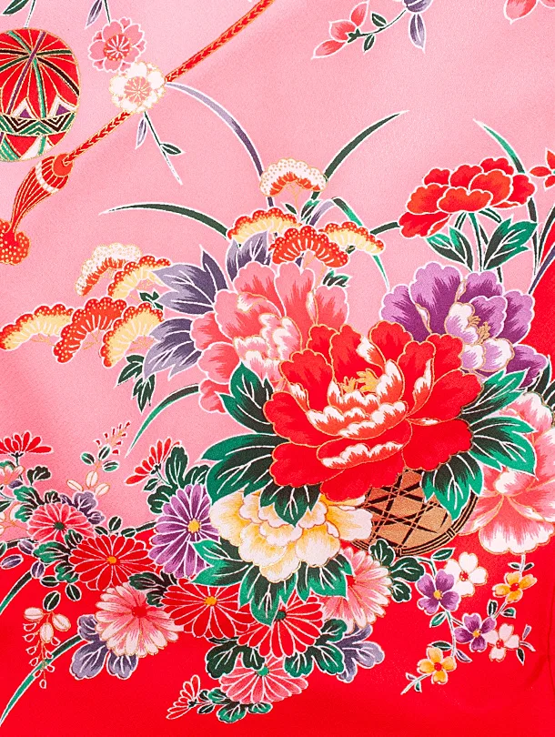 女児産着 お宮参りD0144 赤ピンク 牡丹 花車 鞠 蝶