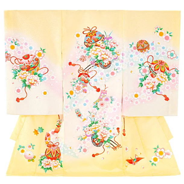 女児産着 お宮参りD0145 クリーム 鞠 花車 牡丹 桜