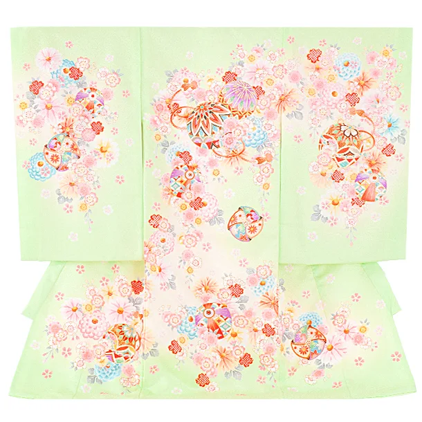 女児産着 お宮参りD0149 薄緑 鞠と花々