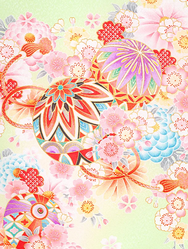 女児産着 お宮参りD0149 薄緑 鞠と花々