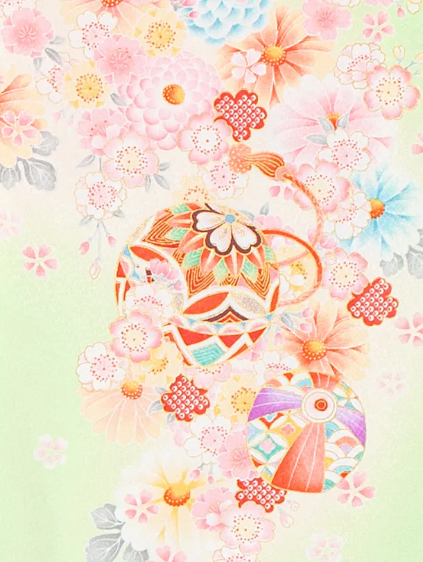 女児産着 お宮参りD0149 薄緑 鞠と花々