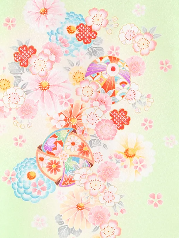 女児産着 お宮参りD0149 薄緑 鞠と花々