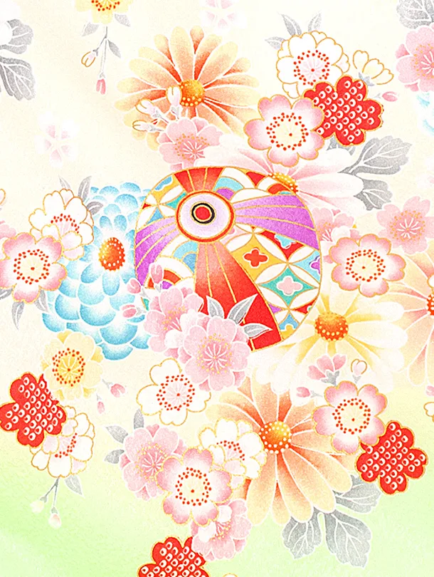 女児産着 お宮参りD0149 薄緑 鞠と花々