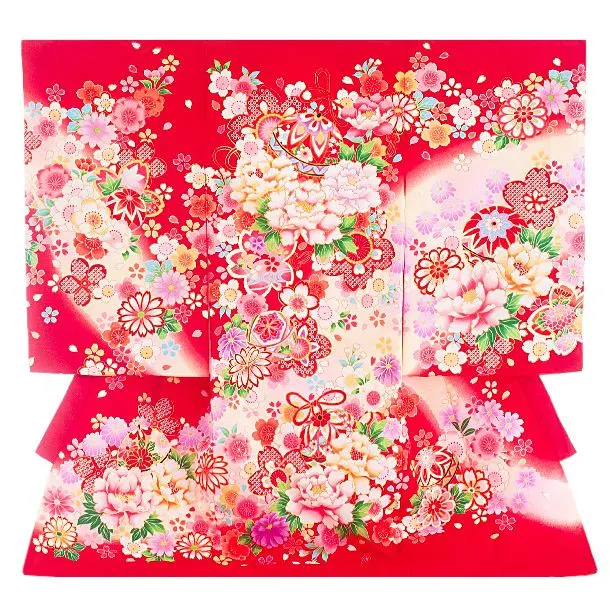 女児産着 お宮参りD0171 赤 まり 牡丹 桜