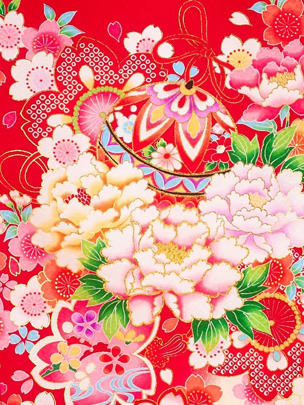 女児産着 お宮参りD0171 赤 まり 牡丹 桜