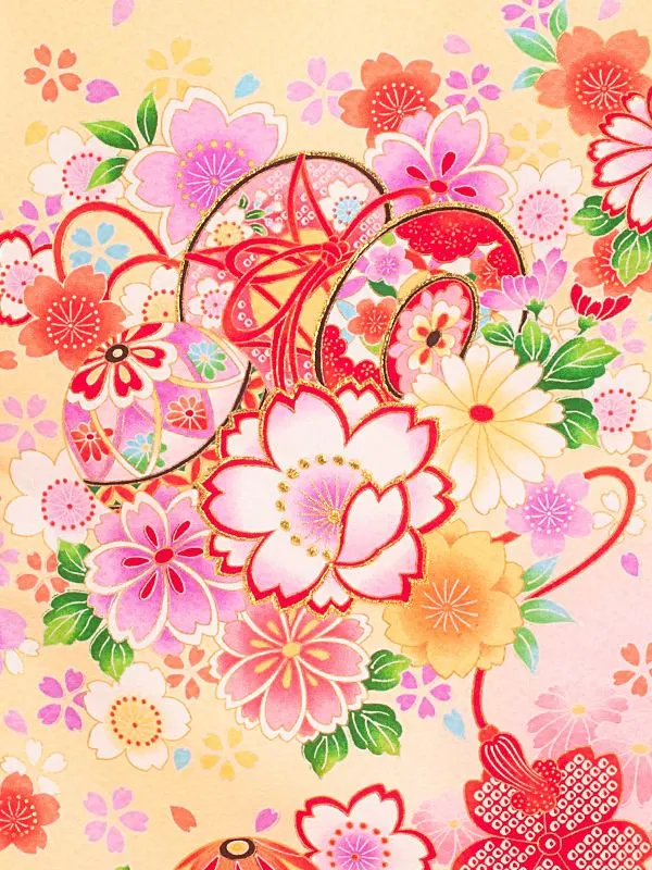 女児産着 お宮参りD0173 クリーム赤 鼓 まり 桜