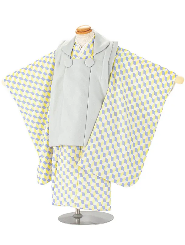 七五三(3歳男児被布)D3067 薄グレー／青黄キューブ着物