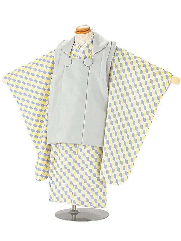 七五三(3歳男児被布)D3067 薄グレー／青黄キューブ着物