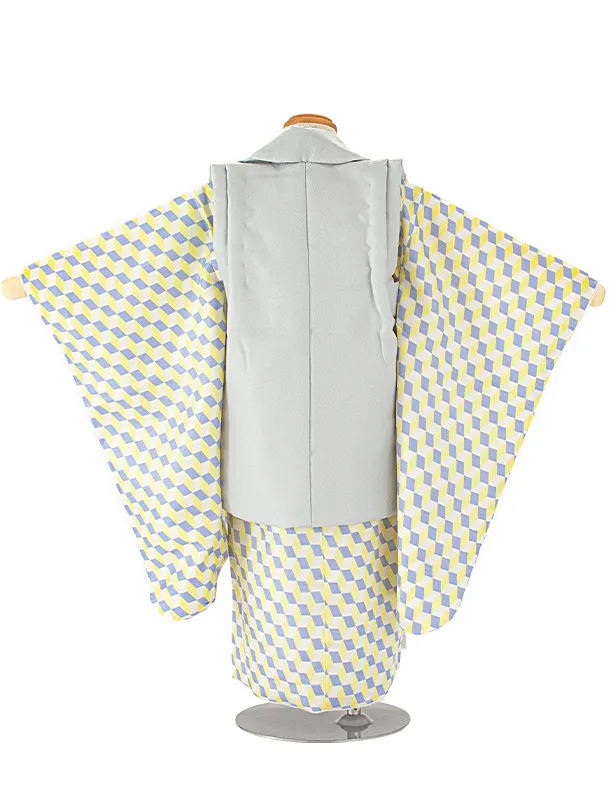 七五三(3歳男児被布)D3067 薄グレー／青黄キューブ着物