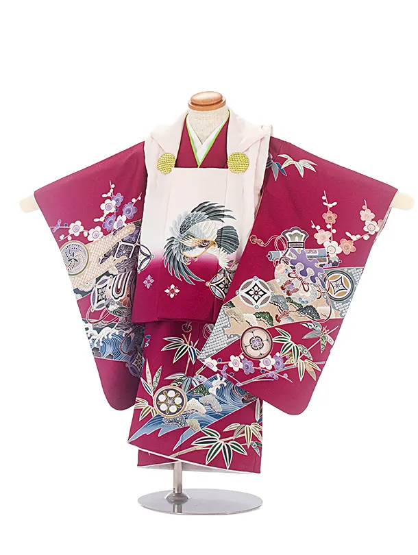 七五三(2,3歳男児被布)D3077 白 紅紫 鷹／紅紫 小槌 扇 梅