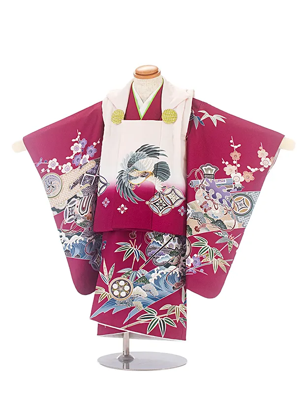 七五三(2,3歳男児被布)D3077 白 紅紫 鷹／紅紫 小槌 扇 梅