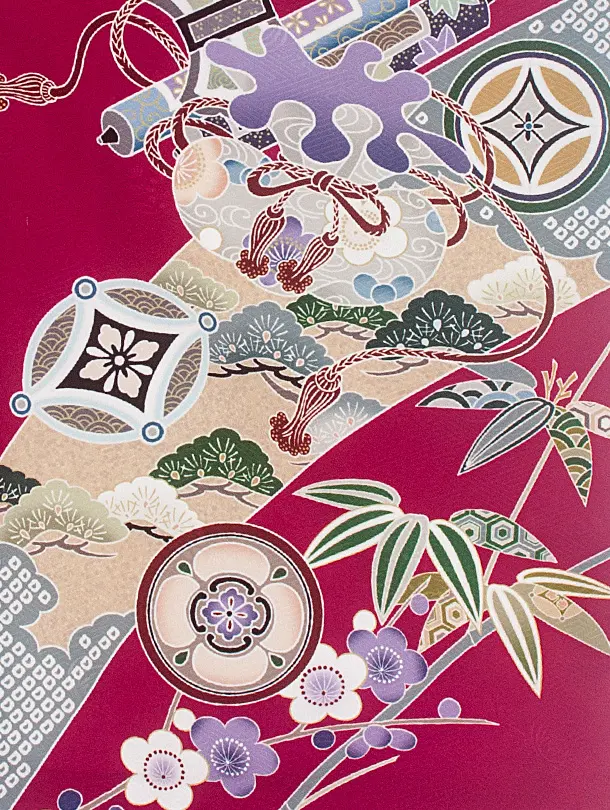 七五三(2,3歳男児被布)D3077 白 紅紫 鷹／紅紫 小槌 扇 梅