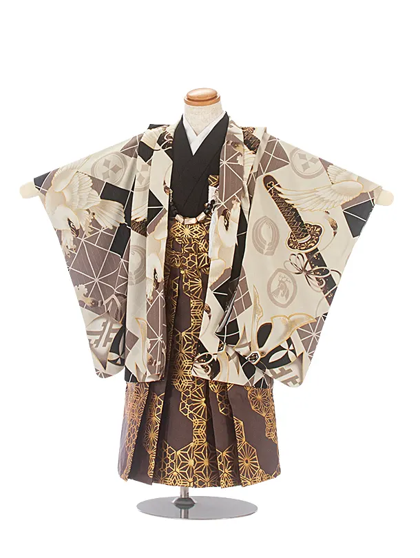 [かんたん着付]七五三(3歳)D3089 JAPANSTYLE 刀と白鷹／茶袴