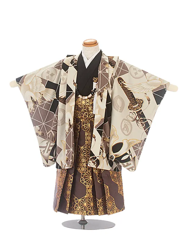 [かんたん着付]七五三(3歳)D3089 JAPANSTYLE 刀と白鷹／茶袴