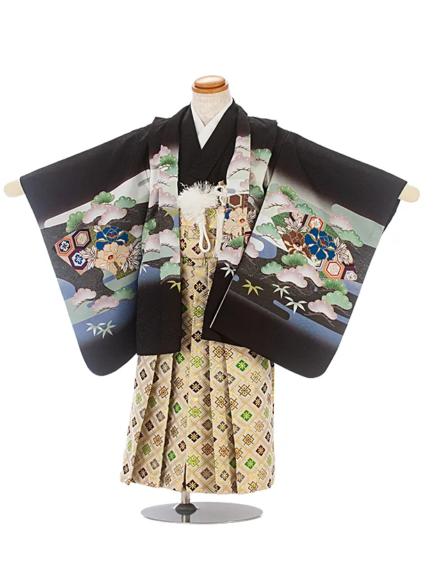 [かんたん着付]七五三(3歳4歳)D3091 黒 兜 扇／ベージュ金 菱袴