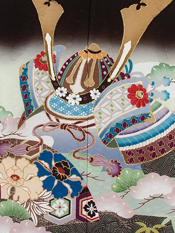 [かんたん着付]七五三(3歳4歳)D3091 黒 兜 扇／ベージュ金 菱袴