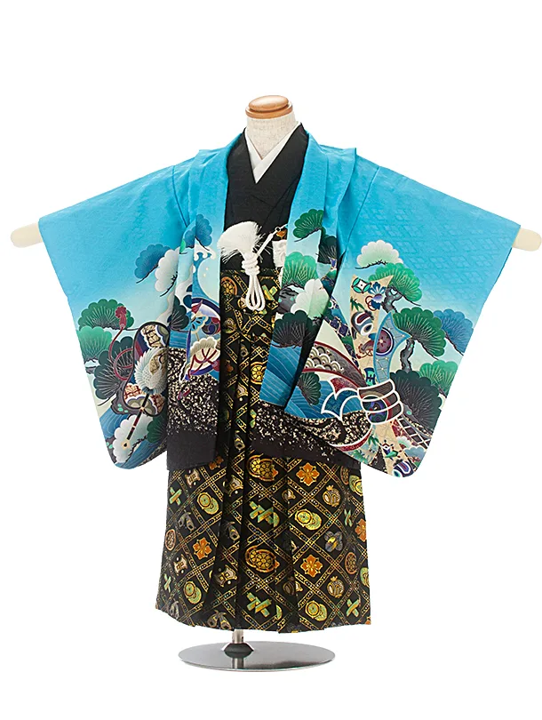 [かんたん着付]七五三(3歳4歳)D3093 水色 鷹 のし／黒金袴