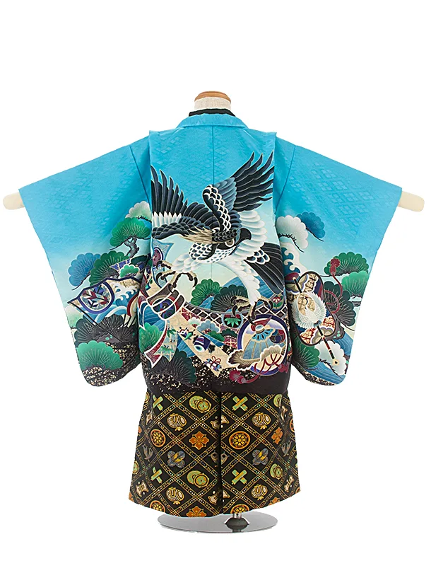 [かんたん着付]七五三(3歳4歳)D3093 水色 鷹 のし／黒金袴
