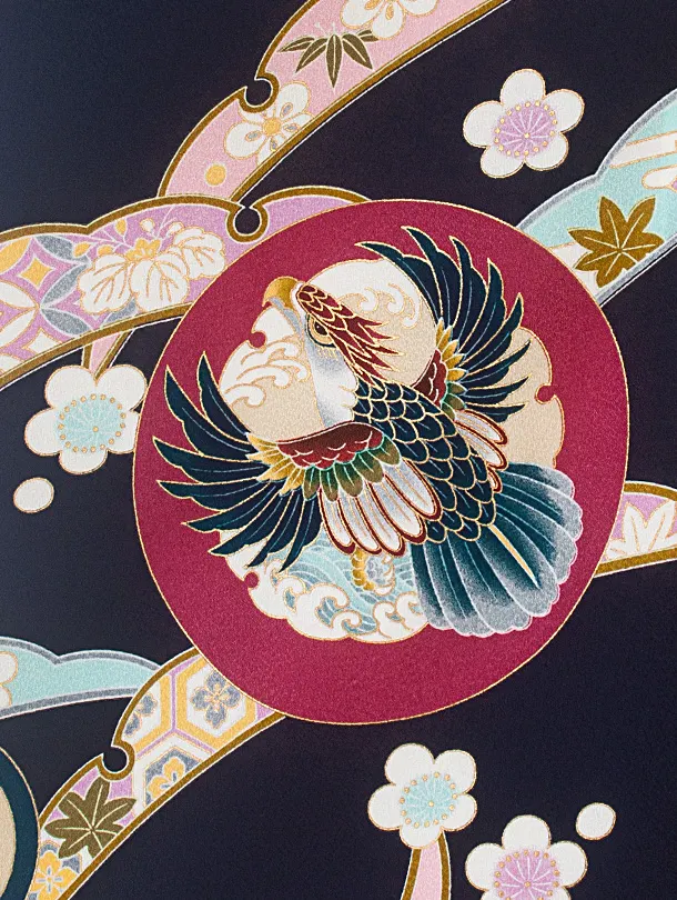 [かんたん着付]七五三(3歳4歳)D3095 紺 丸鷹 梅／金茶ぼかし袴