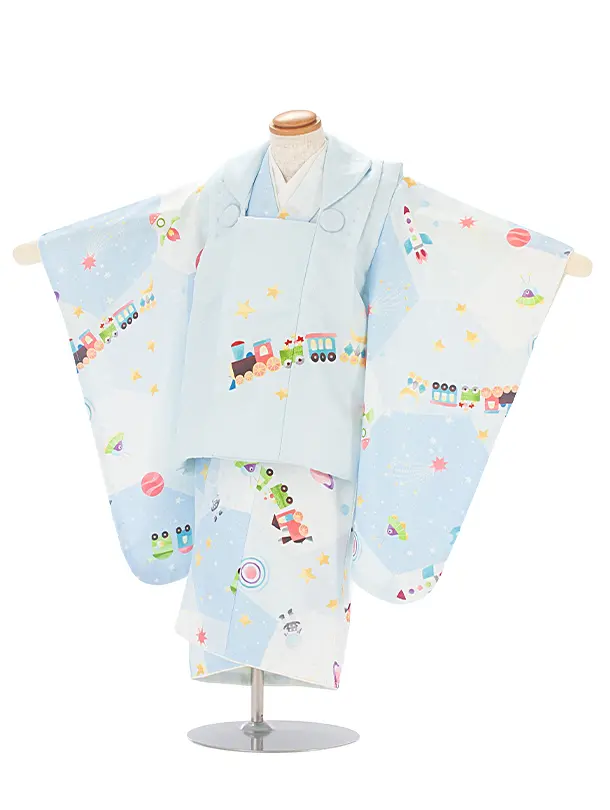 七五三(3歳男児被布)D3107 pitapita 機関車／水色 惑星