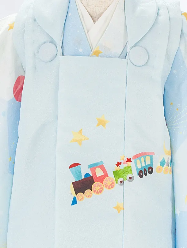 七五三(3歳男児被布)D3107 pitapita 機関車／水色 惑星