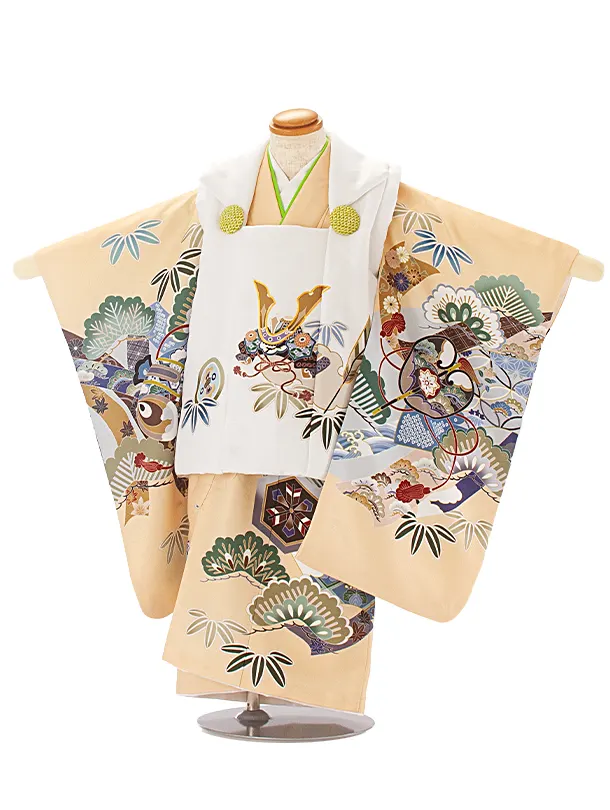 七五三(3歳男児被布)D3109 白 兜／クリーム