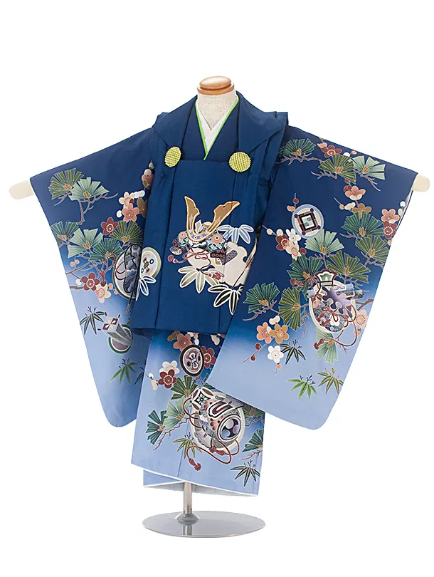 七五三(3歳男児被布)D3112 青 兜／青 薄青ぼかし 小槌