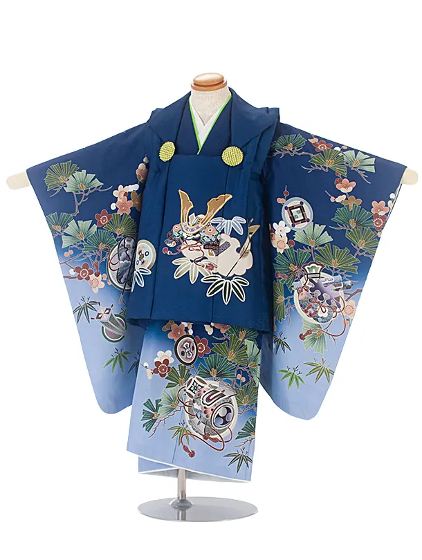 七五三(3歳男児被布)D3112 青 兜／青 薄青ぼかし 小槌