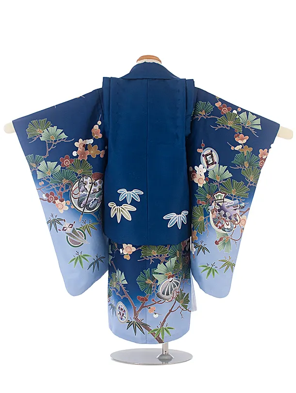 七五三(3歳男児被布)D3112 青 兜／青 薄青ぼかし 小槌