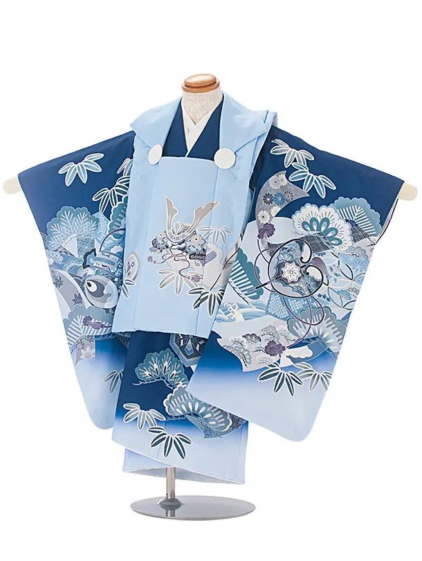 七五三(3歳男児被布)D3115 水色 兜／青 小槌 のし