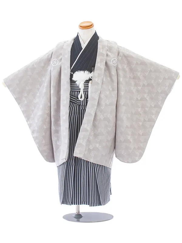 [かんたん着付]七五三(5歳袴)D5048 グレー幾何学 羽織×縞袴