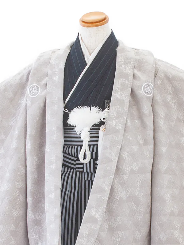[かんたん着付]七五三(5歳袴)D5048 グレー幾何学 羽織×縞袴
