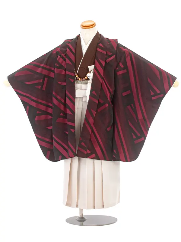 【簡単帯付き】七五三(5歳袴)D5051 変わり縞 羽織×アイボリー袴