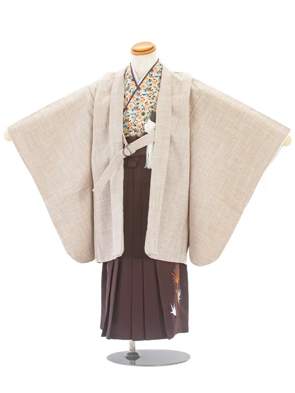 【簡単帯付き】七五三(5歳袴)D5053 ベージュ羽織 花柄着物×茶袴