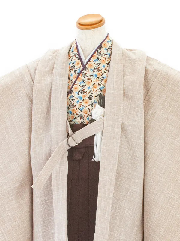 【簡単帯付き】七五三(5歳袴)D5053 ベージュ羽織 花柄着物×茶袴