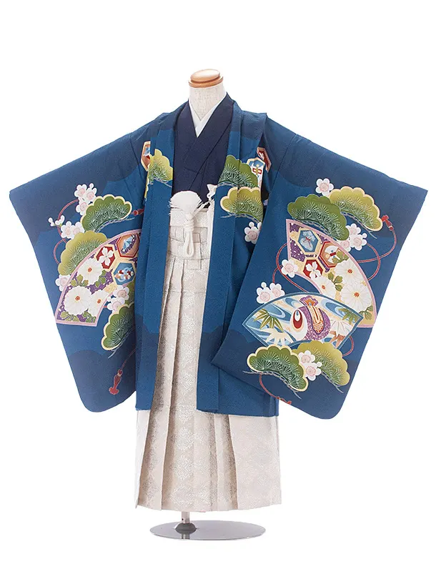 [かんたん着付]七五三(5歳6歳袴)D5054 青 鷹 梅×ベージュ銀菱袴