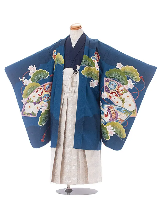 [かんたん着付]七五三(5歳6歳袴)D5054 青 鷹 梅×ベージュ銀菱袴