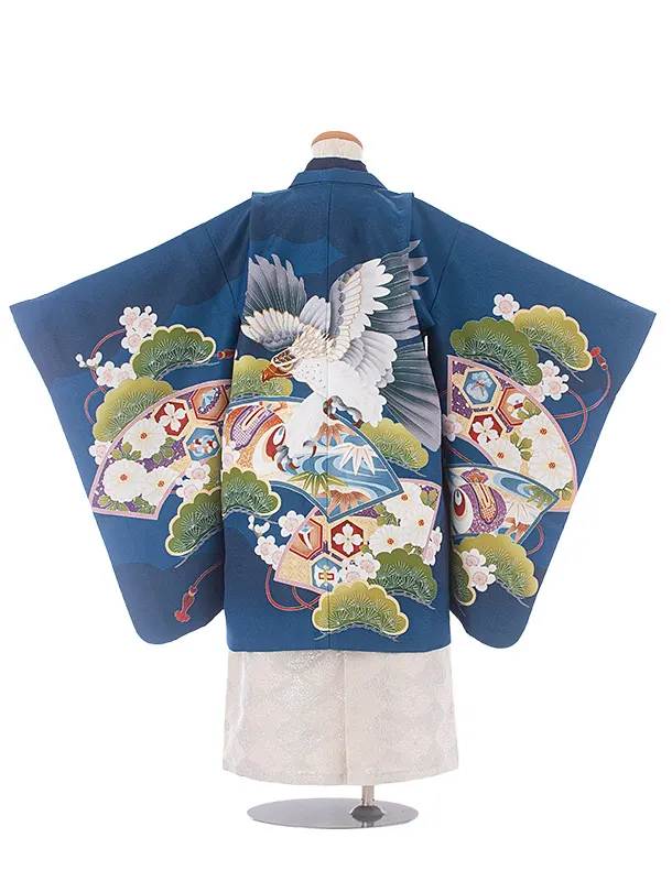 [かんたん着付]七五三(5歳6歳袴)D5054 青 鷹 梅×ベージュ銀菱袴
