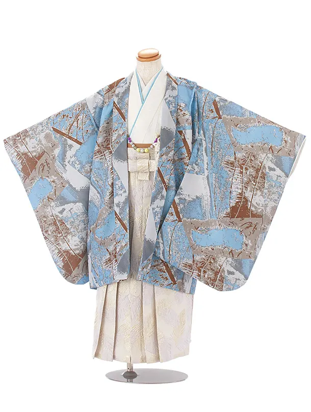 【簡単帯付き】七五三(5歳6歳)D5058 水色ペイント柄羽織×白金フェザー袴