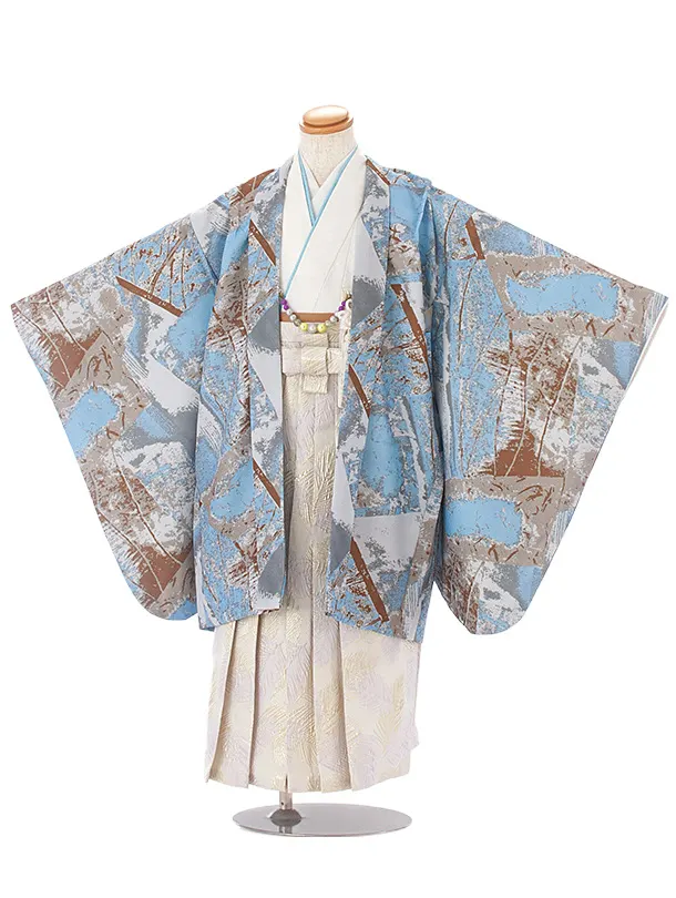 【簡単帯付き】七五三(5歳6歳)D5058 水色ペイント柄羽織×白金フェザー袴