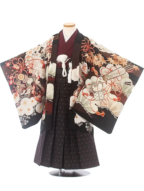 [かんたん着付]七五三(5歳6歳袴)D5065 黒茶 白鷹×こげ茶 亀甲袴