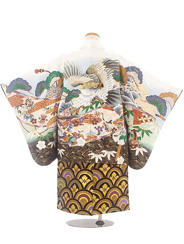 [かんたん着付]七五三(5歳6歳袴)D5068 白薄水色 鷹×黒金 波紋 袴