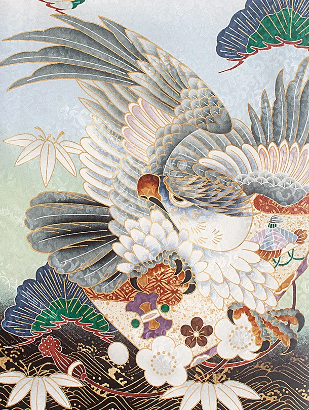 [かんたん着付]七五三(5歳6歳袴)D5068 白薄水色 鷹×黒金 波紋 袴