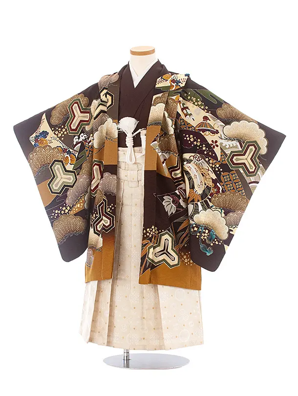 [かんたん着付]七五三(5歳袴)D5071 焦茶 鷹兜×ベージュ菱袴