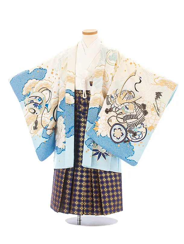 [かんたん着付]七五三(5歳6歳袴)D5073 白薄水色 宝船×紺菱袴