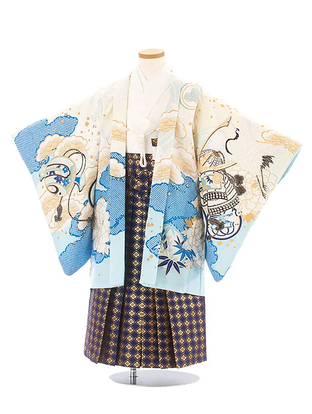 [かんたん着付]七五三(5歳6歳袴)D5073 白薄水色 宝船×紺菱袴