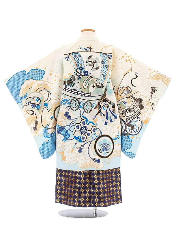 [かんたん着付]七五三(5歳6歳袴)D5073 白薄水色 宝船×紺菱袴